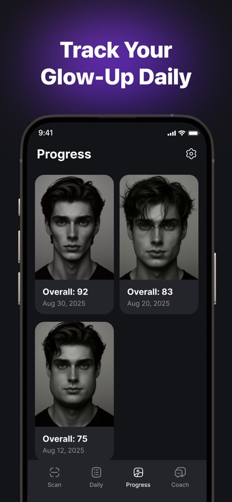 UCHAD: See Your Potential - Users can visually track their progress over time with a series of AI-generated portraits and corresponding date-stamped "Overall" scores, demonstrating their appearance evolution.