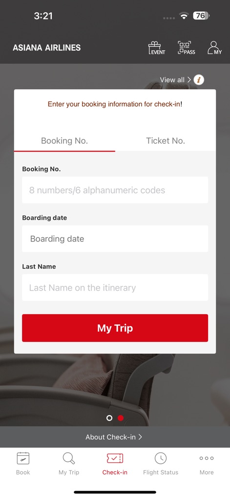 Asiana Airlines - The app facilitates a seamless check-in process through a clear pop-up interface that prompts users for essential details like booking numbers and boarding dates.