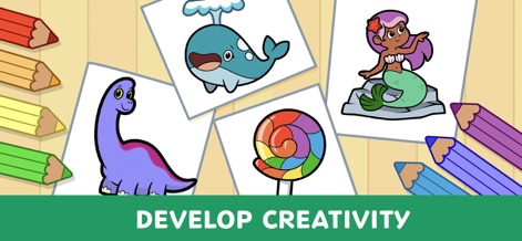 Kids Coloring Games & Drawing - Die App inspiriert zur Kreativität mit fantasievollen Motiven wie Dinosauriern und Meerjungfrauen, die junge Künstler gestalten können.