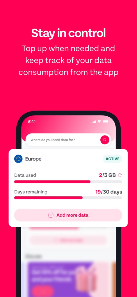 GoMoWorld: Travel eSIM | Data - Users can "Stay in control" by monitoring "Data used" and "Days remaining" for their active plan, with an option to "Add more data."