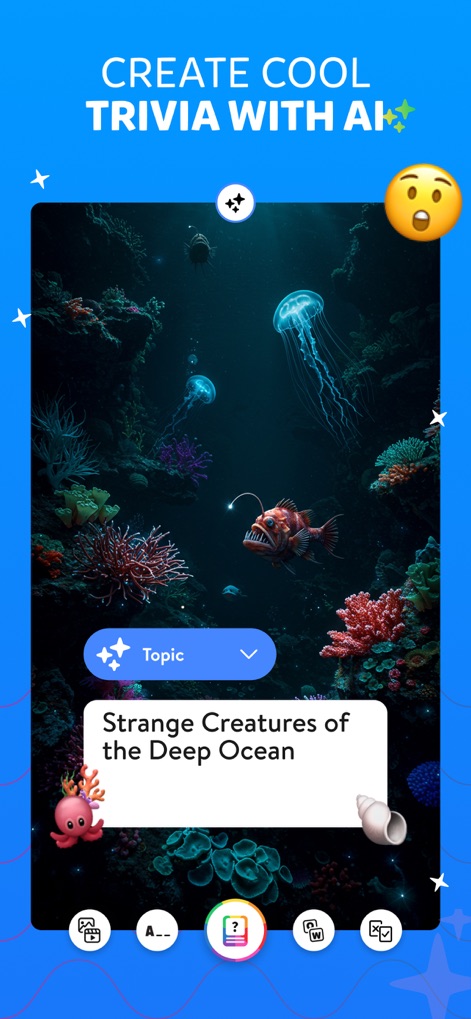 Trivia Crack: Brain Quiz Games - This tool empowers users to create custom quizzes with AI, offering a topic selection interface and a range of AI-powered creation tools at the bottom.