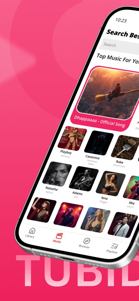 Tubidy Fm Offline Music Player - La schermata mostra la funzionalità di scoperta musicale, con una sezione "Top Music For You" che suggerisce brani popolari e una barra di navigazione inferiore per accedere rapidamente alla Libreria e ai Browser multimediali.