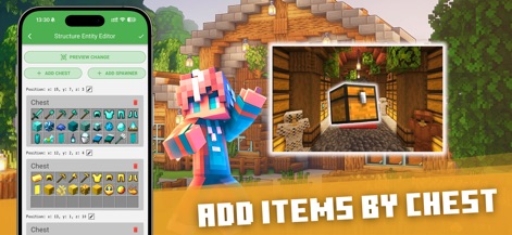 House building for Minecraft - Der "Structure Entity Editor" bietet die Möglichkeit, Truhen mit einer Fülle von Gegenständen zu bestücken, von Werkzeugen bis zu Nahrung, und somit die Ausstattung der eingefügten Strukturen individuell anzupassen.