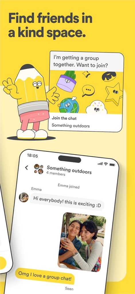 Bumble For Friends: Meet IRL - La aplicación fomenta la interacción grupal con invitaciones a chat como "¿Quieres unirte?" y facilita la comunicación directa, evidenciada por el mensaje "¡Omg me encanta un chat de grupo!" y la imagen de dos amigas.