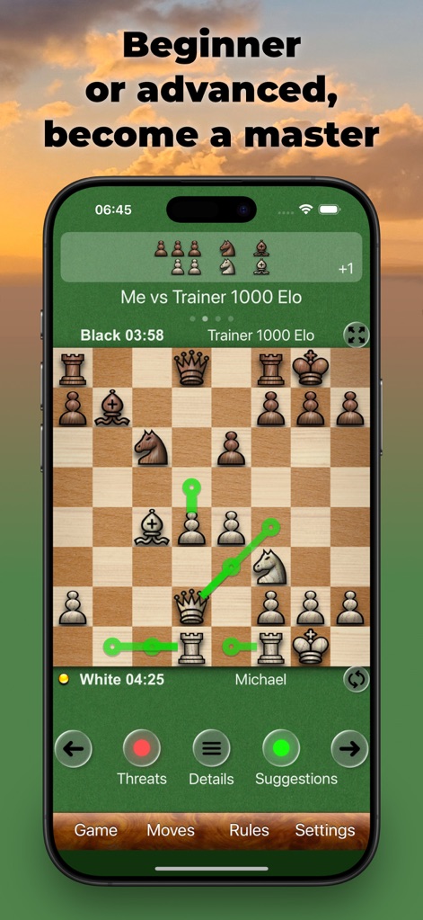 Chess without ads - This app empowers users with on-board move suggestions, indicated by green lines, and a clear navigation panel for game control.