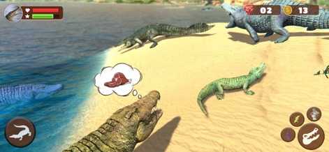 Wild Crocodile Family Sim - Esta herramienta ilustra un momento crucial de supervivencia, donde un cocodrilo expresa su necesidad de alimentarse con una burbuja de pensamiento de carne, mientras otros miembros de la familia lo rodean, mostrando la gestión de recursos y la dinámica social dentro del grupo.