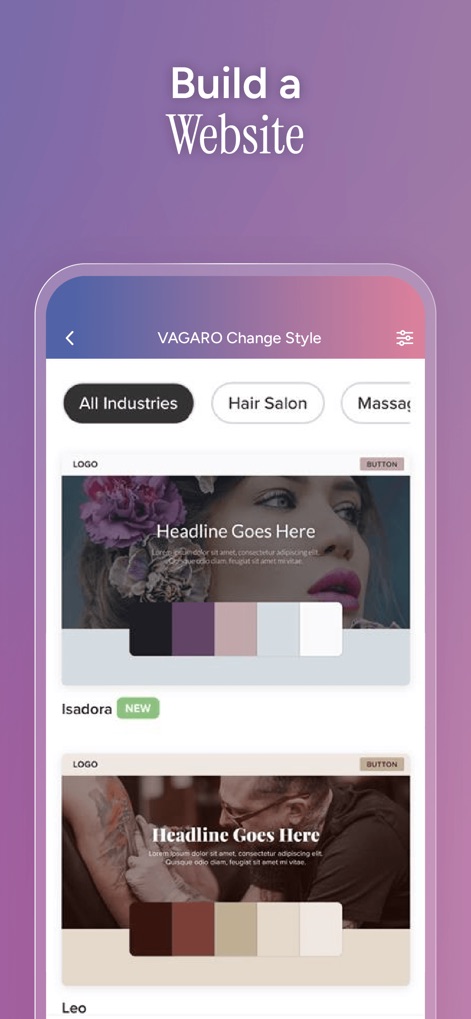 Vagaro Pro - The app simplifies creating a professional online presence, offering customizable templates like 'Isadora' and 'Leo' along with diverse color palette selections for branding.