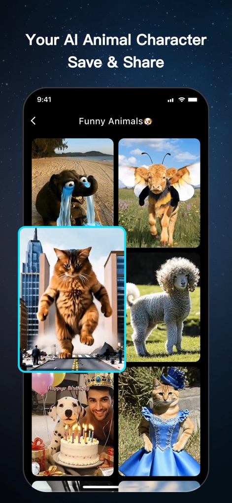 Movia AI: Photo to Video Maker - Os usuários podem explorar uma vasta galeria de "Funny Animals" criados por IA, como um gato gigante em uma cidade e um cordeiro com um penteado volumoso.