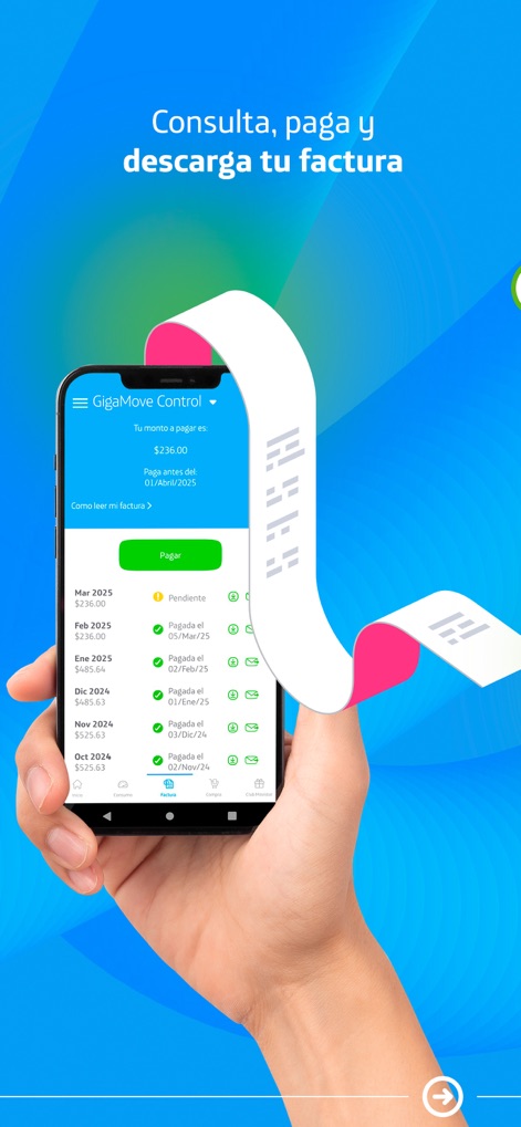 Movistar MX–Tu línea en la App - La aplicación permite a los usuarios 'consultar sus facturas', visualizar el 'monto a pagar' para el mes en curso y revisar el historial de 'facturas pagadas' y pendientes.