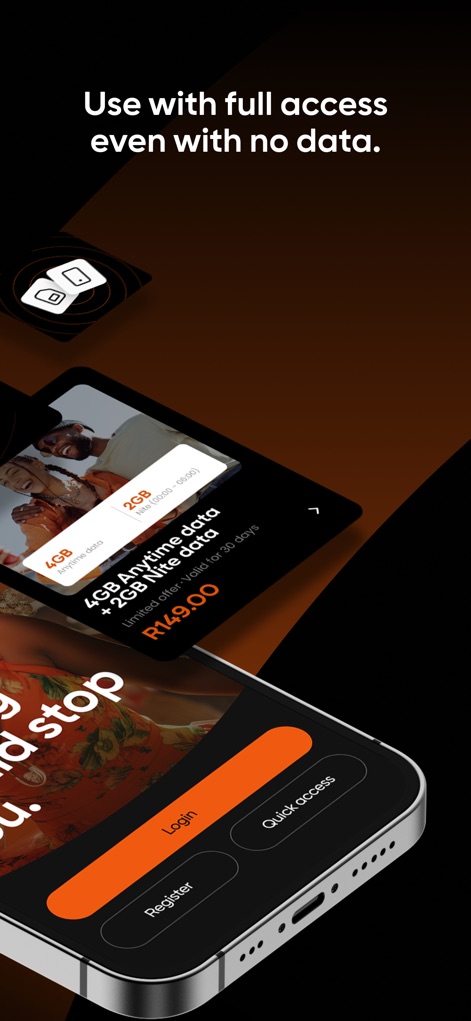 Cell C - L'application garantit un accès complet même sans données, comme l'illustre l'offre attractive de "4GB de données à tout moment + 2GB de nuit" et les options de "Connexion" ou d'"Accès rapide" pour une gestion fluide.