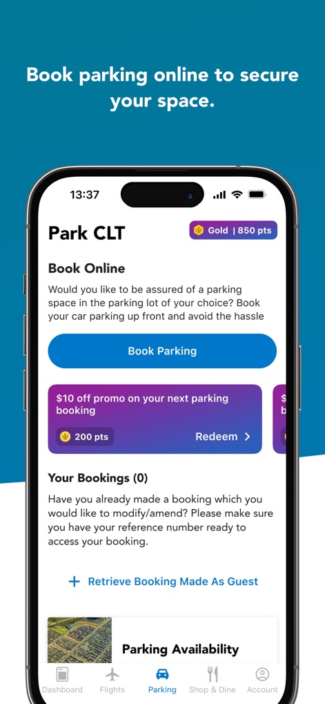 CLT Airport - A plataforma permite a reserva de estacionamento online, com a opção de um "10$ off promo" e um botão "Redeem" para aproveitar as ofertas.