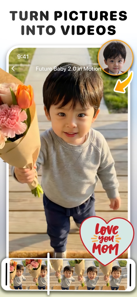 Cosplay: Future Baby Generator - See how the app enables users to transform still pictures into engaging videos, featuring a child in motion and a prominent video timeline for precise editing.