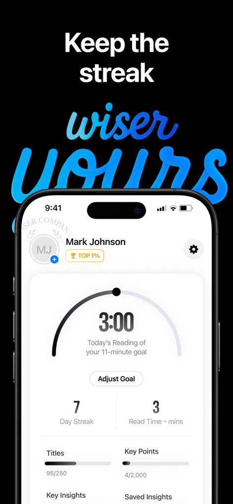 Wiser: Bite-Sized Learning - ユーザーの学習モチベーションを維持するための機能が示されており、日々の目標達成状況と連続学習日数が明確に表示されています。