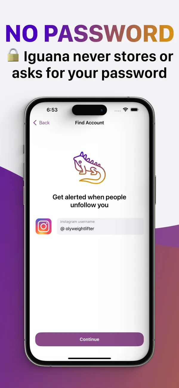 Iguana: Unfollower Alerts iOS app screenshot showing feature 2
