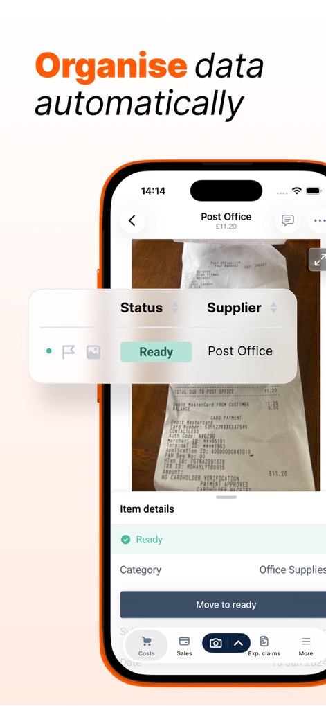 Dext: Expense Tracker App - 経費データの自動整理機能を示しており、「Status」や「Supplier」といった詳細項目が明確に表示され、現在の経費が「Ready」ステータスにあることを確認できます。