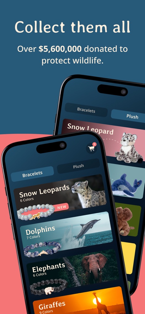 Fahlo Animal Tracker - L'app promuove l'iniziativa "Collect them all" attraverso una vetrina di prodotti, tra cui braccialetti di diverse specie (es. Snow Leopards) e peluche, sottolineando la donazione di oltre $5.600.000.