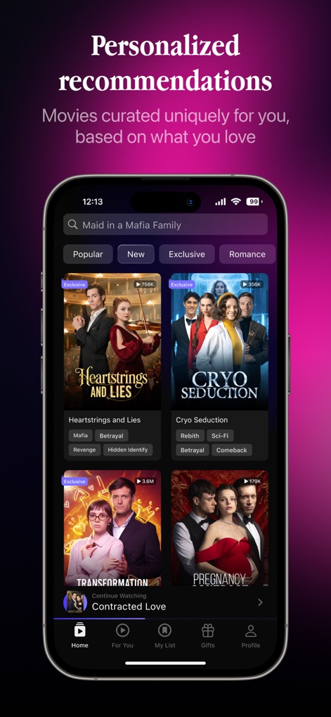 DramaShorts: Watch TV & Shows - This tool enhances user discovery through "Personalized recommendations" and allows easy genre filtering with tags like "Mafia" and "Betrayal" displayed under each series.