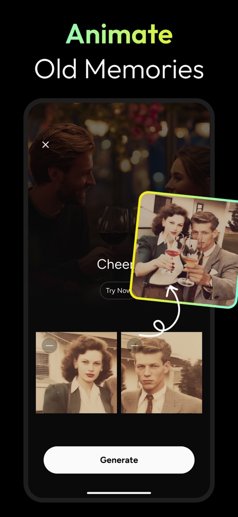 AI Photo Generator - Fotorama - The app animates cherished old photos, showcasing enhanced facial details and a clear 'Try Now' call to action.