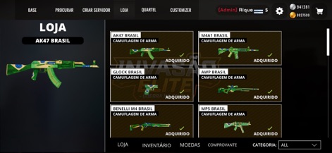 Invasão Elite - La tienda ofrece una variedad de camuflajes exclusivos con motivos de la bandera brasileña para diversas armas, permitiendo a los usuarios ver cuáles ya han sido adquiridos para personalizar su estilo.