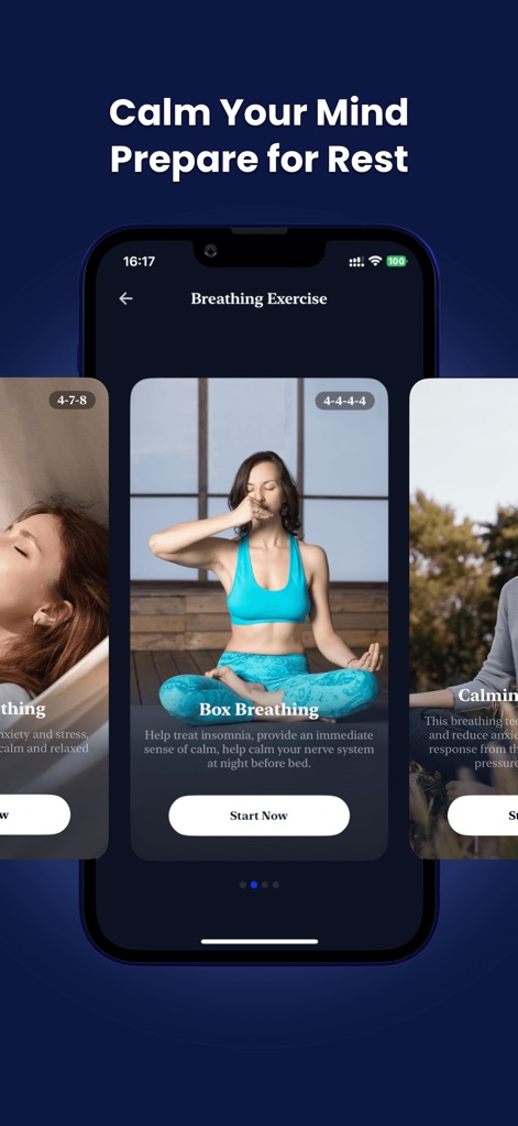 Sleep Monitor: Sleep Tracker - Nutzer können aus verschiedenen Atemübungen wie "Box Breathing" wählen, die visuell durch ansprechende Bilder von praktizierenden Personen unterstützt werden.