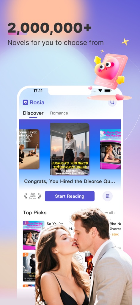 Rosia - Users can explore a vast library of "2,000,000+ novels" and easily find their next read through personalized "Top Picks" and curated genres.