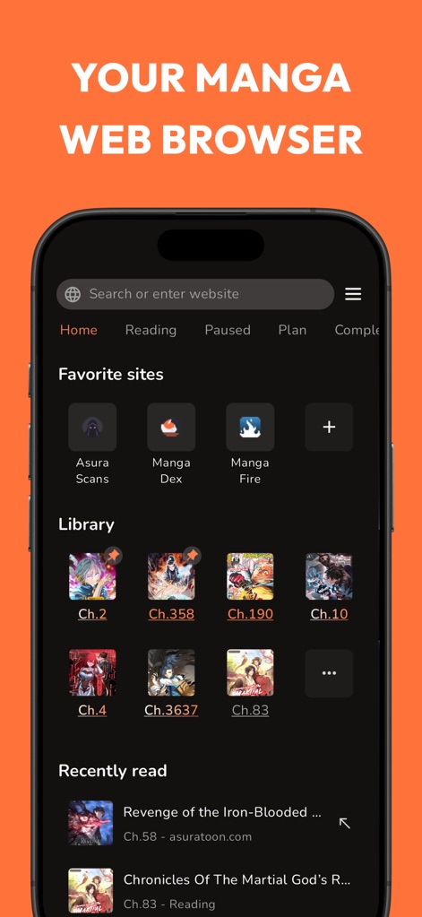 MangaPin - Users can effortlessly navigate their manga journey from the central dashboard, featuring quick access to favorite sites and a comprehensive library overview.