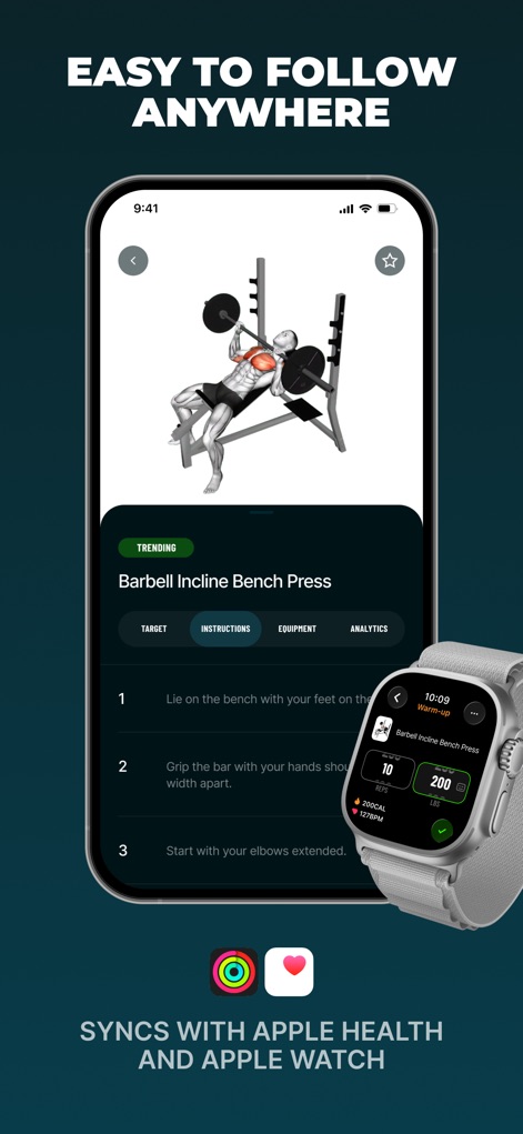 Befit: Gym & Home Workout Plan - Users benefit from clear animated exercise demonstrations and seamless integration with the Apple Watch, displaying real-time heart rate data during workouts.
