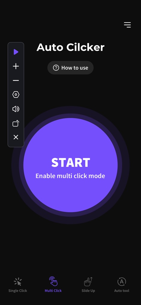 Auto Clicker：Automatic Tapper - La aplicación presenta su modo de clic múltiple, diferenciado por un botón "START" de color púrpura y una barra lateral con iconos de "añadir" y "restar" para configurar múltiples puntos de interacción.