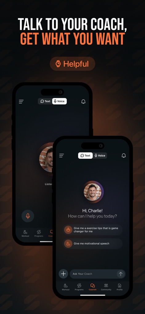 SHRED: Gym & Home Workouts - Experience how users can communicate with their AI coach through both text and voice commands for personalized guidance and motivation.