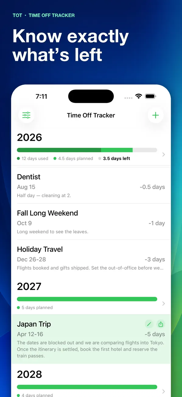 Screenshot #1 pour TOT: Time Off Tracker