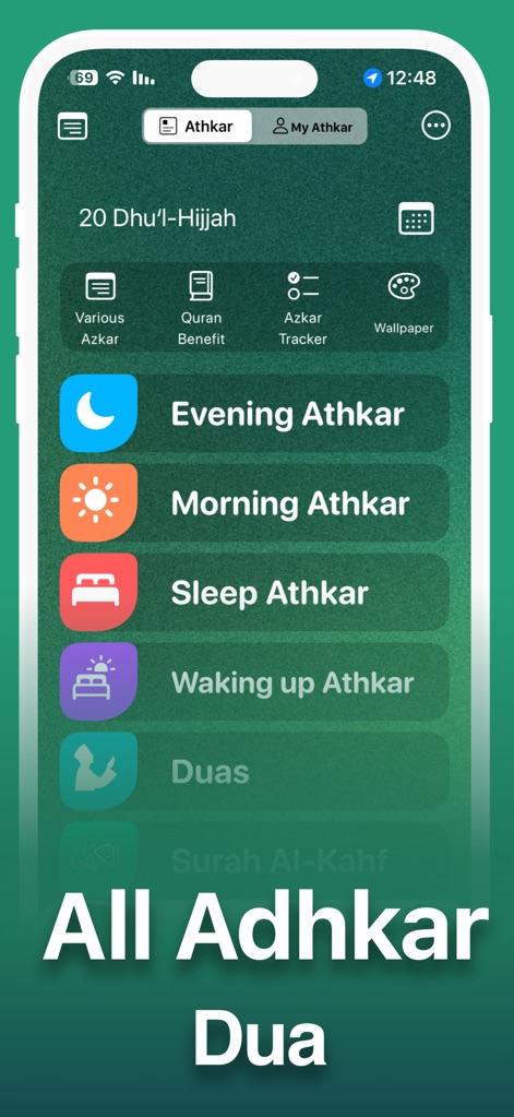 Azkar - اذكار : Athan & Prayer - Explore the app's comprehensive Athkar dashboard, featuring categorized daily remembrances and a personalized 'My Athkar' section.