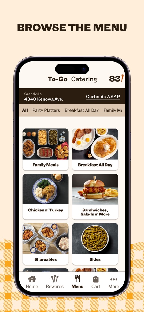 Cracker Barrel - The app provides a comprehensive menu, allowing users to browse diverse food categories such as 'Family Meals' and 'Breakfast All Day' with clear visuals.