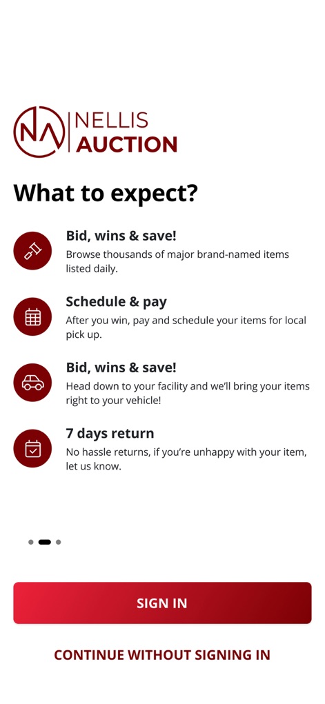 Nellis Auction - This tool clearly outlines the key benefits, from 'Bid, wins & save!' to the '7 days return' policy, guided by intuitive icons.