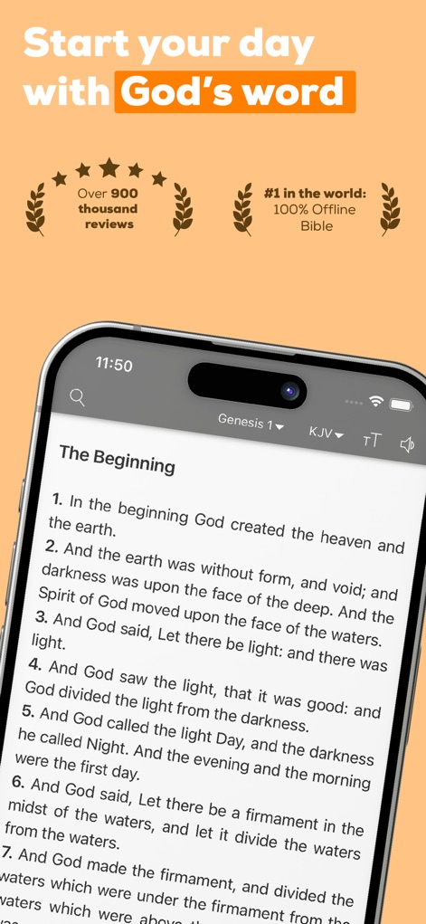 Bible Offline JFA - La interfaz de lectura muestra el libro de Génesis 1, permitiendo a los usuarios sumergirse en la Palabra. Destacan los reconocimientos de más de 900 mil reseñas y su clasificación como la Biblia 100% offline número uno mundial.
