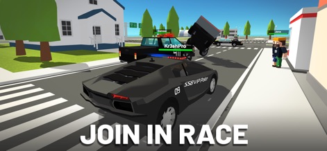 Simple Sandbox 2 - Witness the app's dynamic action, showcasing a black sports car involved in a chaotic scene with a police vehicle at a city intersection.