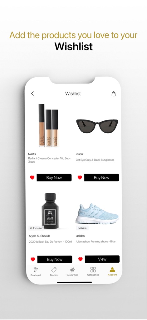 Boutiqaat بوتيكات - Keep track of desired items with clear product image previews and direct 'Buy Now' buttons, allowing for seamless future purchases.