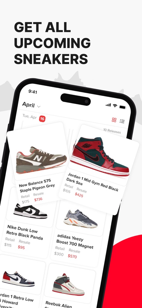 Sneakers Drops: Release＋Raffle - L'application présente un calendrier visuel des sorties à venir, permettant de comparer instantanément les prix de détail et de revente estimés pour anticiper le marché.