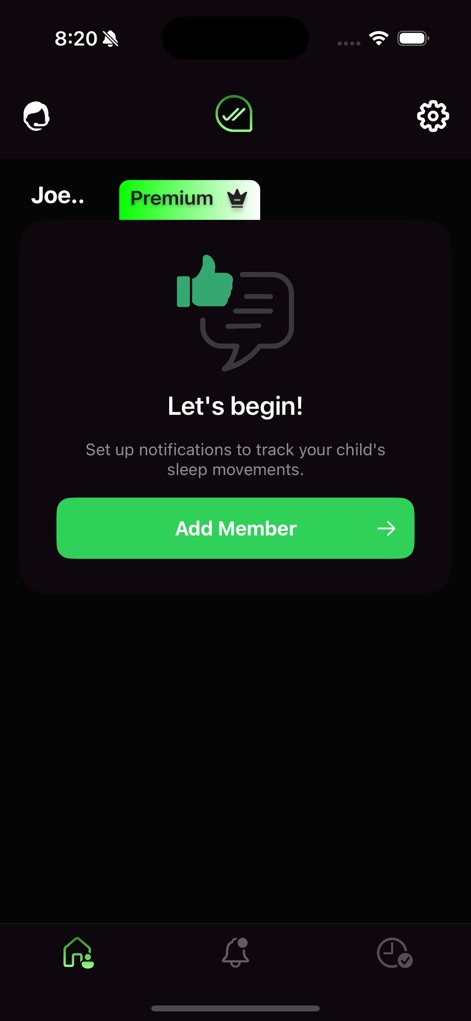 WaLooker: Parent Sleep Tracker - Esta tela de boas-vindas do aplicativo, com um ícone de polegar para cima e o distintivo "Premium", convida os pais a adicionar um membro da família para começar a rastrear o sono, destacando a simplicidade do processo.