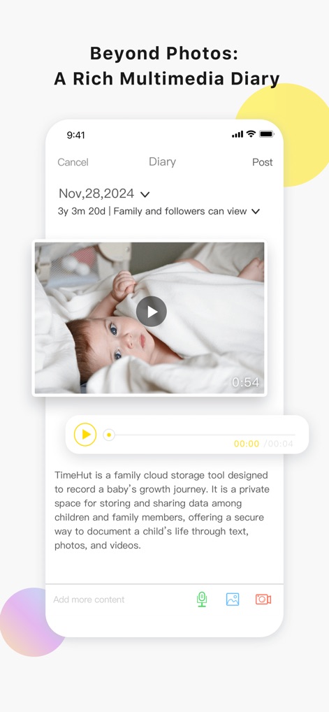 TimeHut - Baby Album - Delve into the rich multimedia diary function, showcasing dynamic 'video playback' and the convenient 'audio recording' option for heartfelt entries.