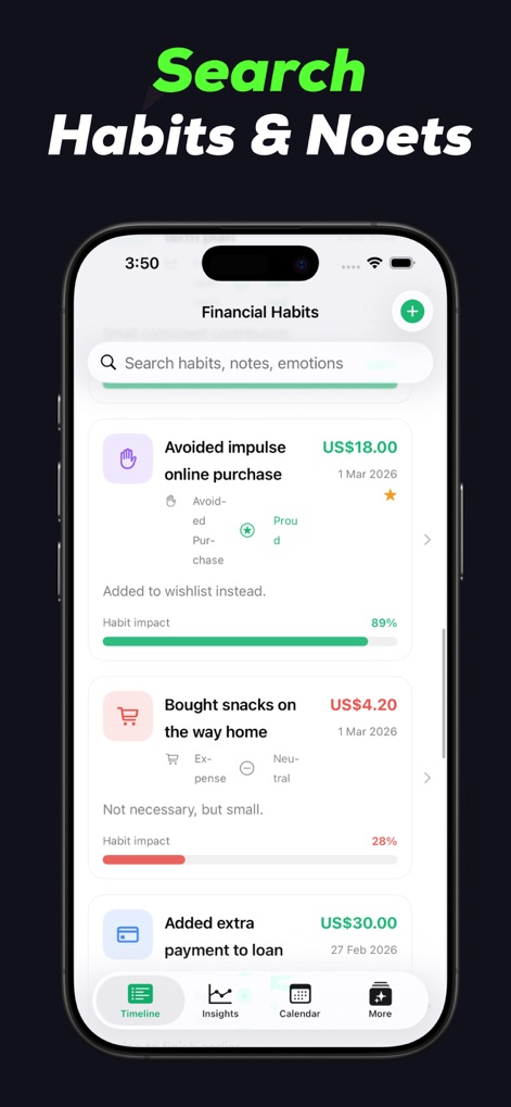 EarnFIow Ultra - This screen displays the detailed habit logging feature, allowing users to record specific actions such as "Avoided impulse online purchase" and view their individual "Habit impact" percentage.