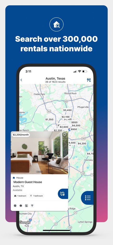 Furnished Finder - The app offers an extensive map search to explore over 300,000 nationwide rentals, displaying detailed property previews like the "Modern Guest House".