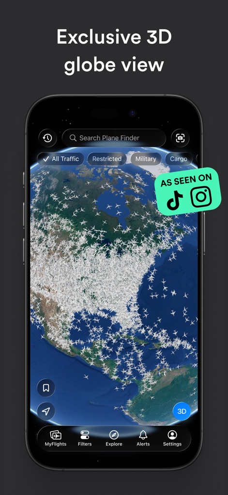 Plane Finder ⁃ Flight Tracker - The app provides an "Exclusive 3D globe view", allowing users to filter traffic by categories such as "Military" and "Cargo" for a specialized experience.