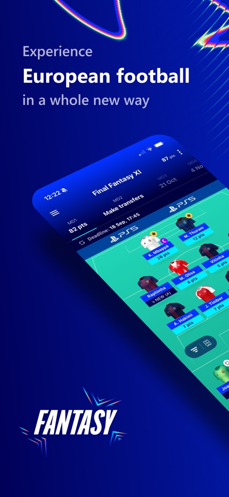 UEFA Gaming: Fantasy Football - The app allows users to strategically select their Champions League Fantasy Football squad, featuring real player statistics and a clear 'Make transfers' interface for dynamic team management.