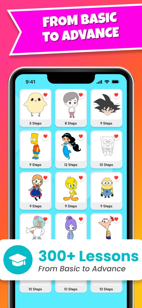 TraceArt: Learn How To Draw - 初級から上級まで幅広いレベルのレッスンが300以上用意されており、各レッスンには描画に必要なステップ数が明記され、ユーザーのスキル向上をサポートします。