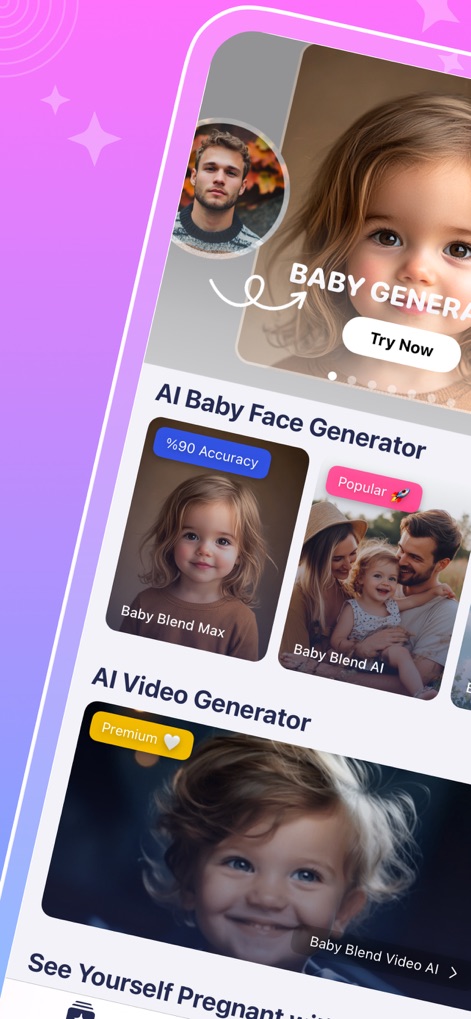 AI Baby Generator Baby Blend - This tool presents various AI generation options, showcasing both an "AI Baby Face Generator" with high accuracy and a "Premium" "AI Video Generator."