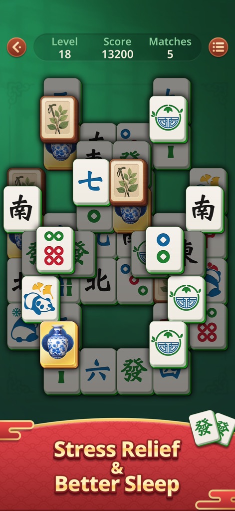 Mahjong Epic: Classic Game - Experience the game's promise of 'Stress Relief & Better Sleep' facilitated by unique custom tile art, such as the panda and vase designs.