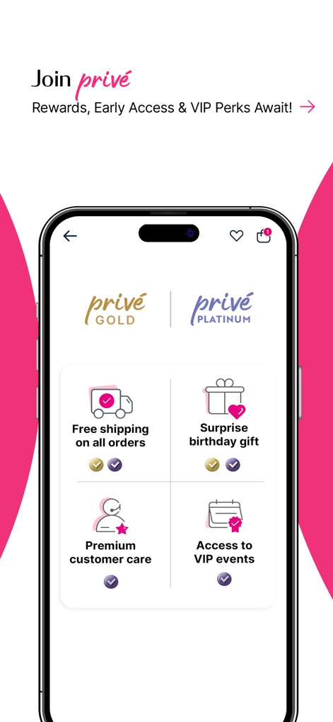 Nykaa – Makeup/Beauty Shopping - Questa schermata illustra il programma fedeltà "Join privé", promettendo "Rewards, Early Access & VIP Perks", inclusi "spedizione gratuita" e un "regalo di compleanno a sorpresa", per premiare gli utenti più affezionati.