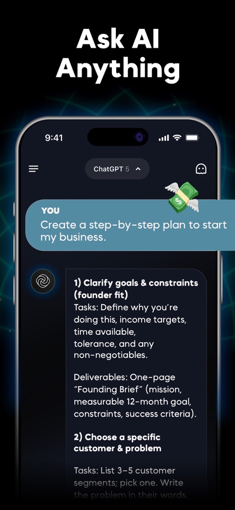 Chatbot AI Assistant ChatPrime - Users can leverage the AI's intelligent chat capabilities for detailed planning, as seen with the step-by-step business plan and the selected 'ChatGPT 5' model.