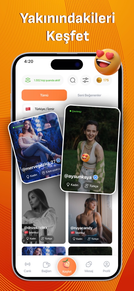 Omegro - Görüntülü Sohbet - The app's discovery tab effectively showcases active users and their profiles, leveraging smart matching and location-based filtering for new connections.