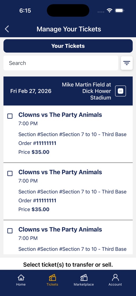 Fans First Tickets - This interface allows users to efficiently "Manage Your Tickets" by displaying individual game entries with specific pricing, and enables bulk actions through convenient checkbox selections for transferring or selling.